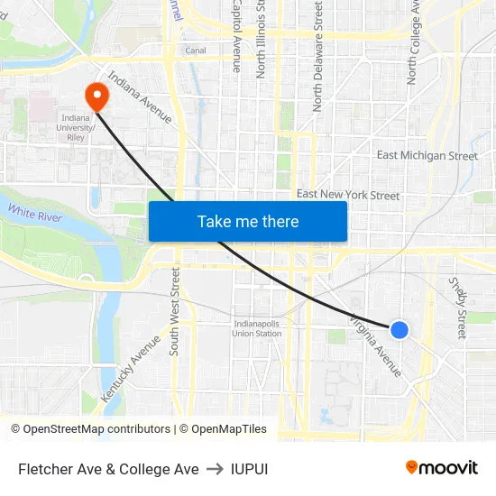 Fletcher Ave & College Ave to IUPUI map