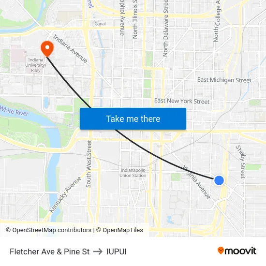 Fletcher Ave & Pine St to IUPUI map
