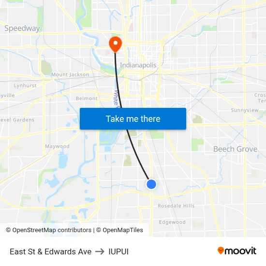 East St & Edwards Ave to IUPUI map