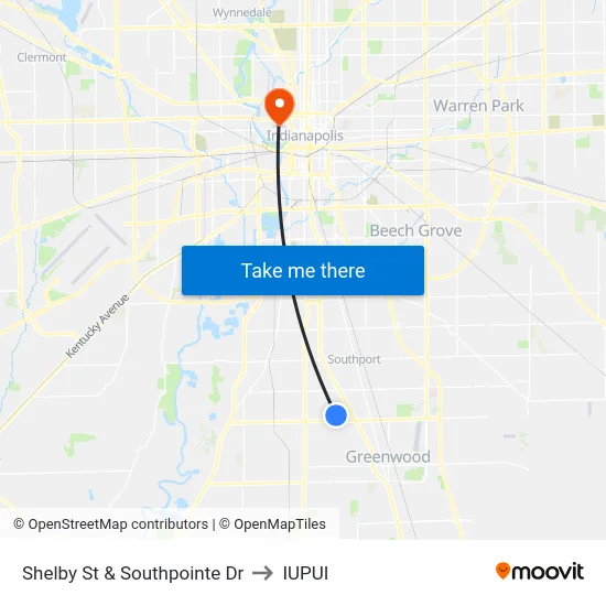 Shelby St & Southpointe Dr to IUPUI map