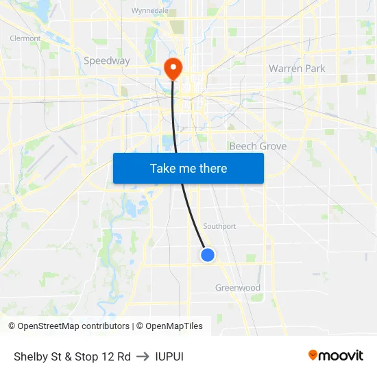 Shelby St & Stop 12 Rd to IUPUI map