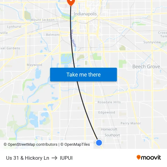 Us 31 & Hickory Ln to IUPUI map