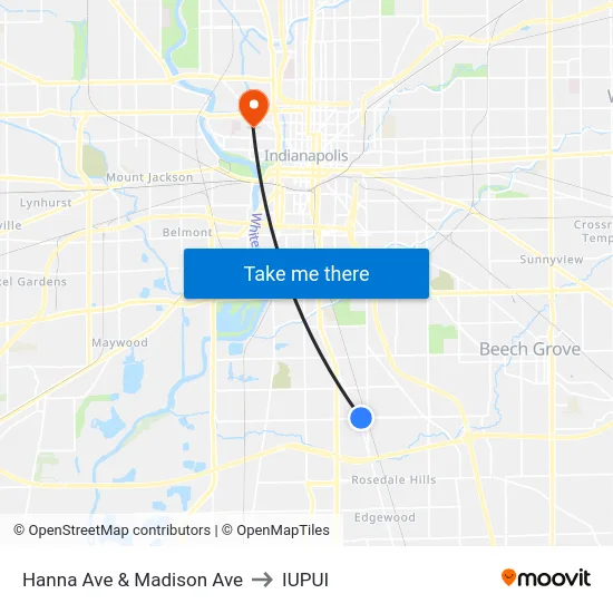 Hanna Ave & Madison Ave to IUPUI map