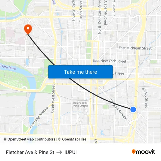 Fletcher Ave & Pine St to IUPUI map