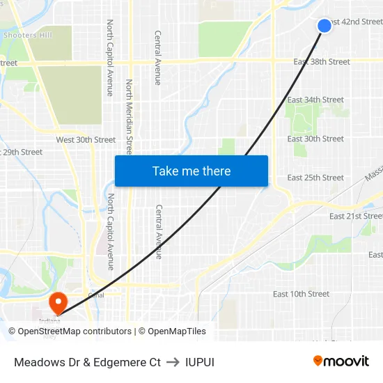 Meadows Dr & Edgemere Ct to IUPUI map