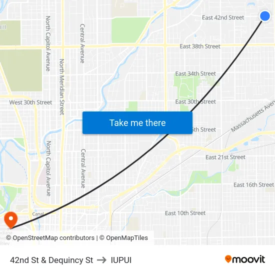42nd St & Dequincy St to IUPUI map