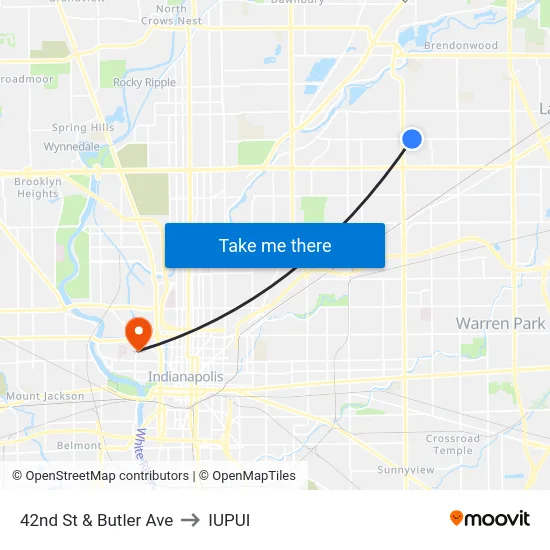 42nd St & Butler Ave to IUPUI map