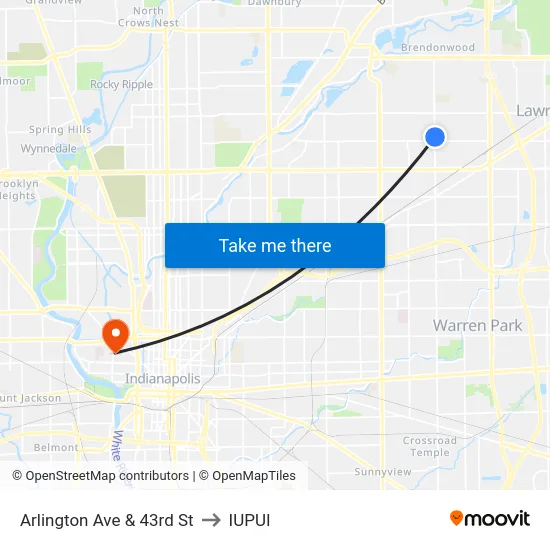 Arlington Ave & 43rd St to IUPUI map