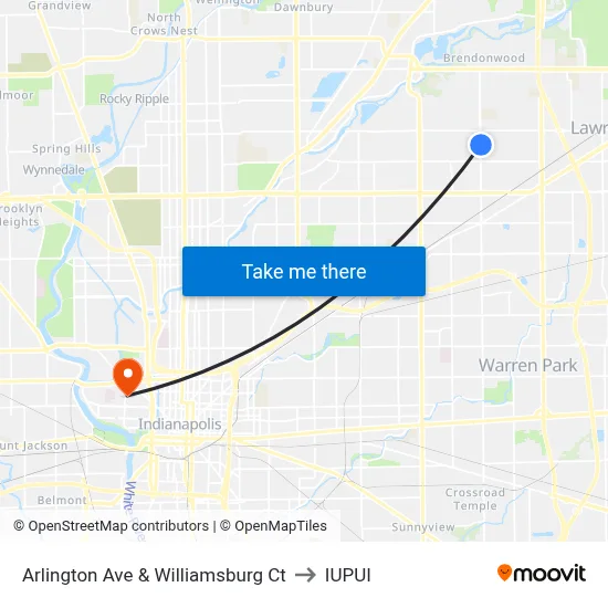 Arlington Ave & Williamsburg Ct to IUPUI map