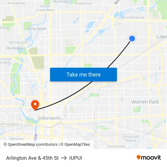 Arlington Ave & 45th St to IUPUI map