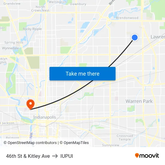 46th St & Kitley Ave to IUPUI map