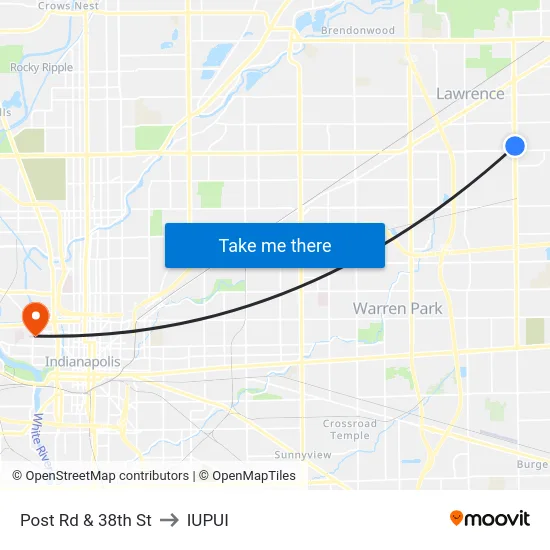 Post Rd & 38th St to IUPUI map