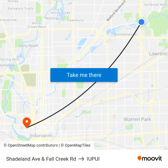 Shadeland Ave & Fall Creek Rd to IUPUI map