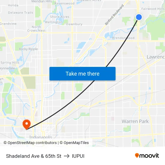 Shadeland Ave & 65th St to IUPUI map