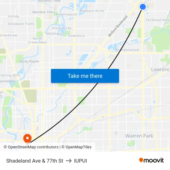 Shadeland Ave & 77th St to IUPUI map