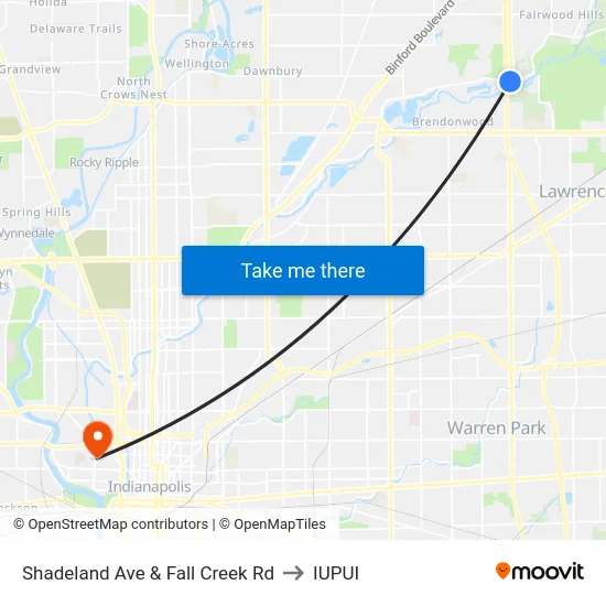 Shadeland Ave & Fall Creek Rd to IUPUI map