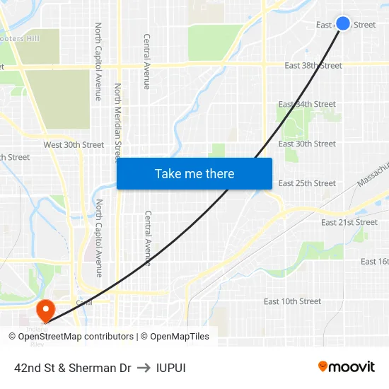 42nd St & Sherman Dr to IUPUI map