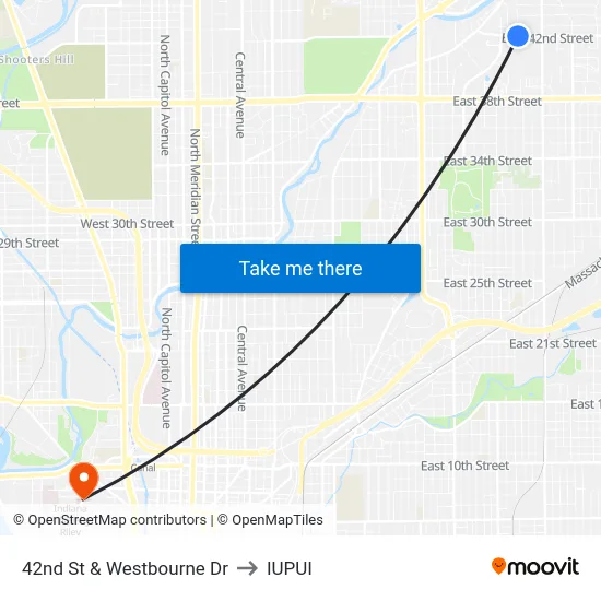 42nd St & Westbourne Dr to IUPUI map