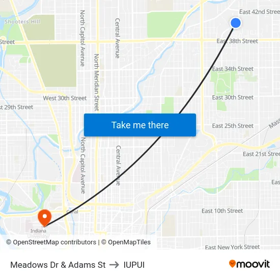 Meadows Dr & Adams St to IUPUI map