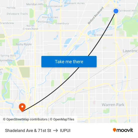 Shadeland Ave & 71st St to IUPUI map