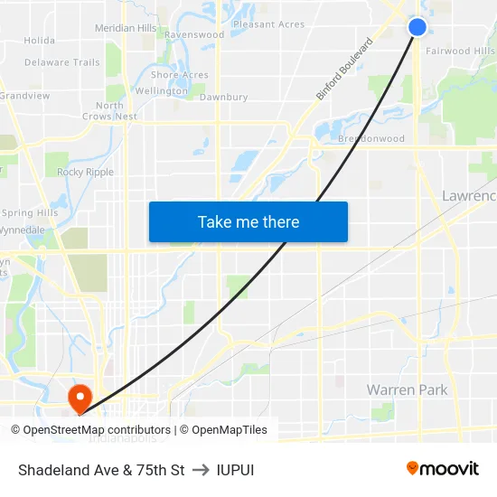 Shadeland Ave & 75th St to IUPUI map