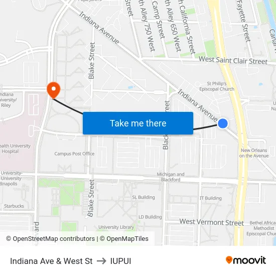 Indiana Ave & West St to IUPUI map