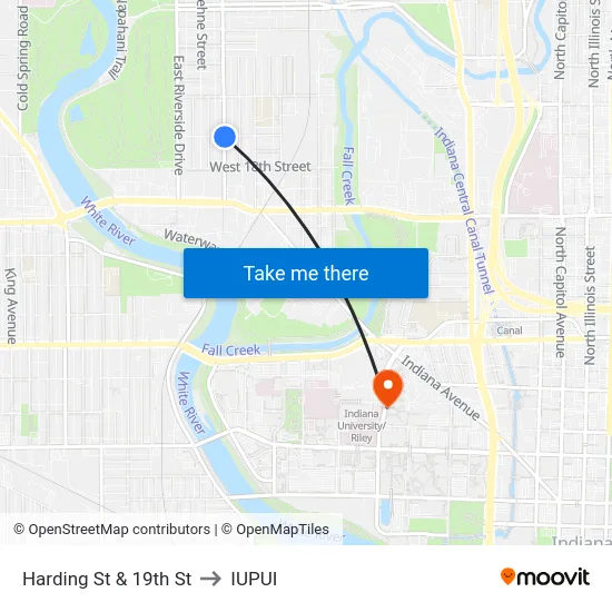 Harding St & 19th St to IUPUI map