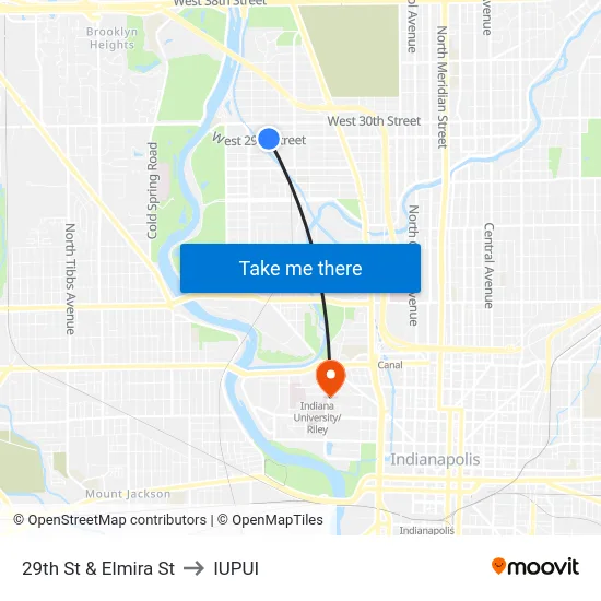 29th St & Elmira St to IUPUI map