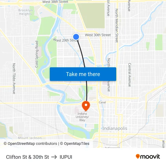 Clifton St & 30th St to IUPUI map