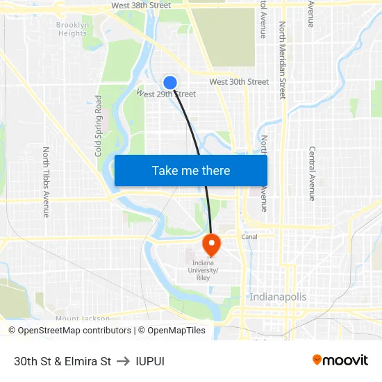 30th St & Elmira St to IUPUI map