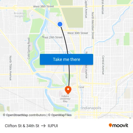 Clifton St & 34th St to IUPUI map
