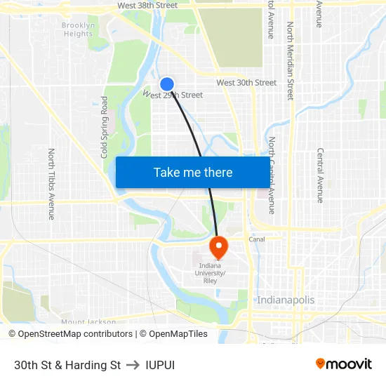 30th St & Harding St to IUPUI map