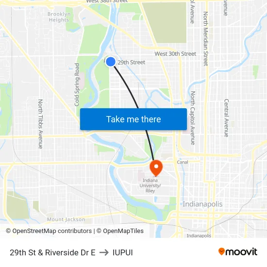 29th St & Riverside Dr E to IUPUI map