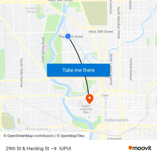 29th St & Harding St to IUPUI map