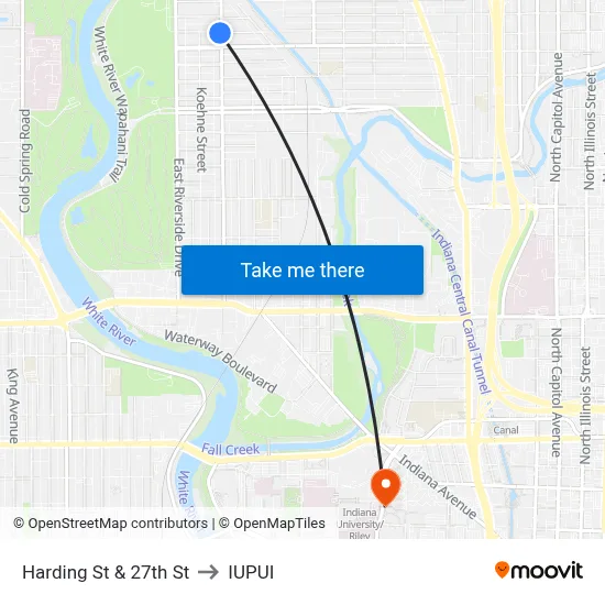 Harding St & 27th St to IUPUI map
