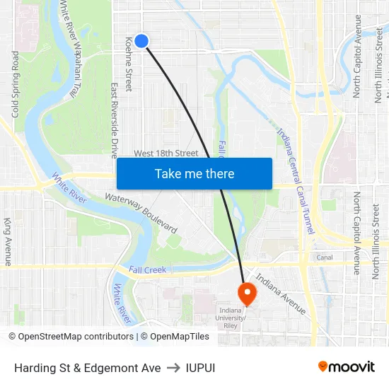 Harding St & Edgemont Ave to IUPUI map
