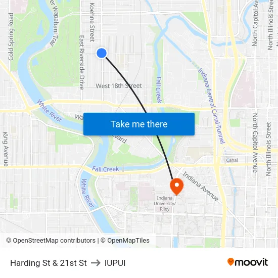Harding St & 21st St to IUPUI map