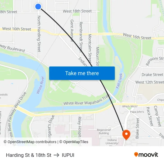 Harding St & 18th St to IUPUI map
