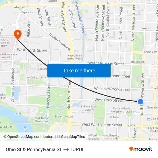 Ohio St & Pennsylvania St to IUPUI map