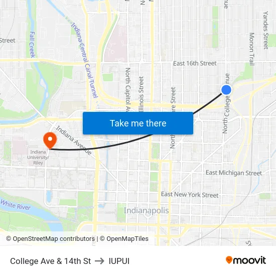College Ave & 14th St to IUPUI map