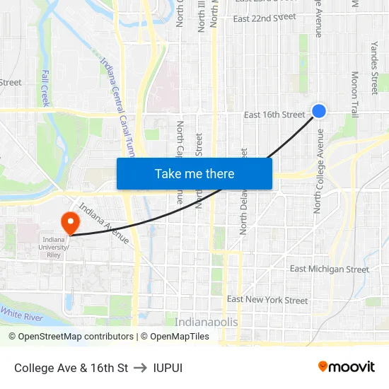 College Ave & 16th St to IUPUI map