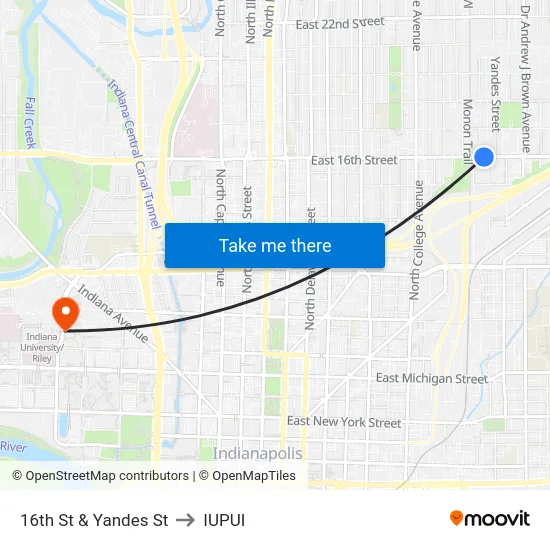 16th St & Yandes St to IUPUI map