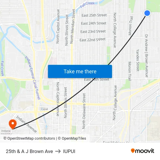 25th & A J Brown Ave to IUPUI map
