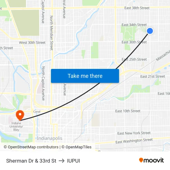 Sherman Dr & 33rd St to IUPUI map