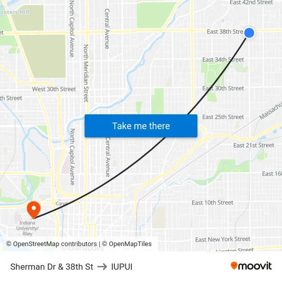 Sherman Dr & 38th St to IUPUI map