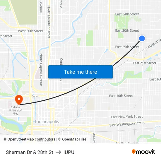 Sherman Dr & 28th St to IUPUI map