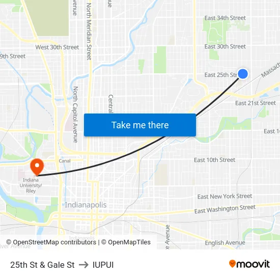 25th St & Gale St to IUPUI map