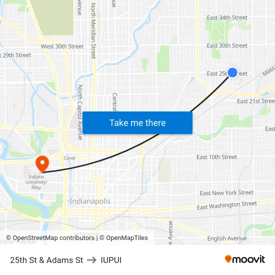25th St & Adams St to IUPUI map