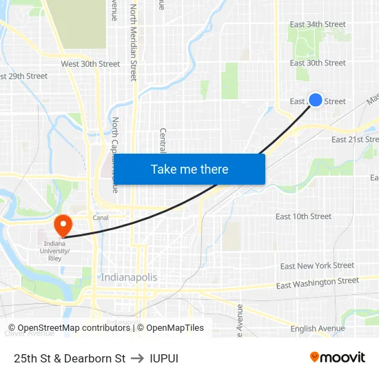 25th St & Dearborn St to IUPUI map
