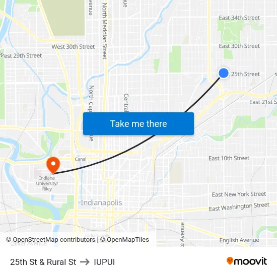 25th St & Rural St to IUPUI map